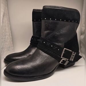 The Sak Black Leather Ankle Harness Booties with Silver Accents. 8 1/2
